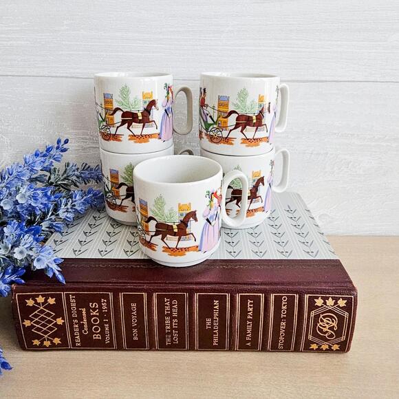 Vintage Mid Century Modern Espresso Cups Tognana Italy Horses Carriage - Picture 1 of 10